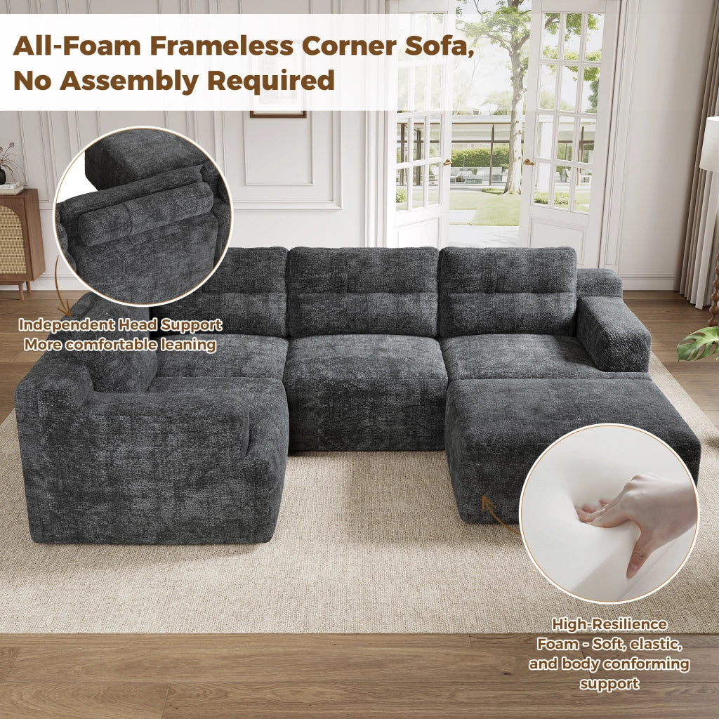 Divano panoramico a U modulare con schiuma integrale e pouf, per 5-6 posti, in chenille grigio 252 × 180 × 82 cm