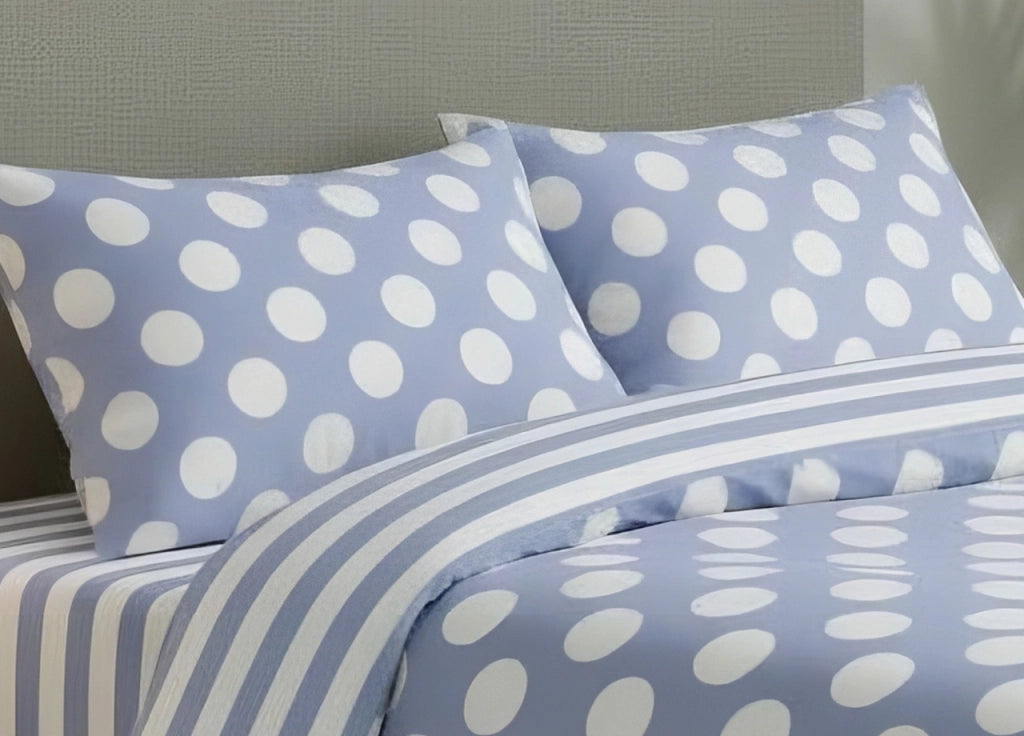 Coppia Federe Cuscino Letto Double Face 100% Cotone Disegno Pois GI - Federe - Azzurro