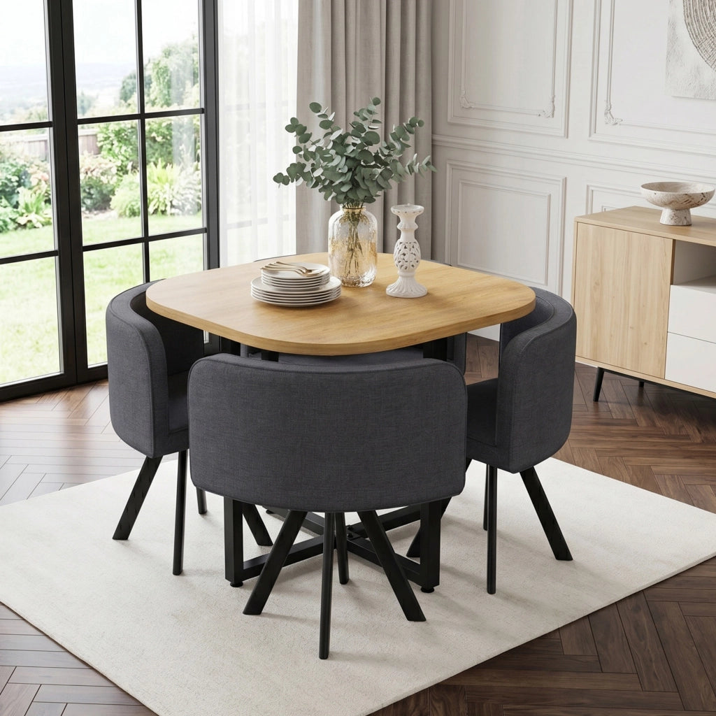 Set da pranzo composto da 4 sedie in lino e un tavolo (85 x 85 cm) con finitura effetto legno, color grigio