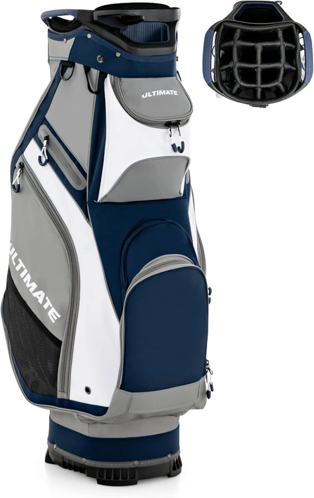 Borsa da Golf Portatile con 14 Divisori Superiori a Tutta Lunghezza, 7 Tasche con Cerniera, Cappuccio Antipioggia, Tracolla, Manico e Portaombrelli, Ideale per Uomini e Donne (blu e grigio)