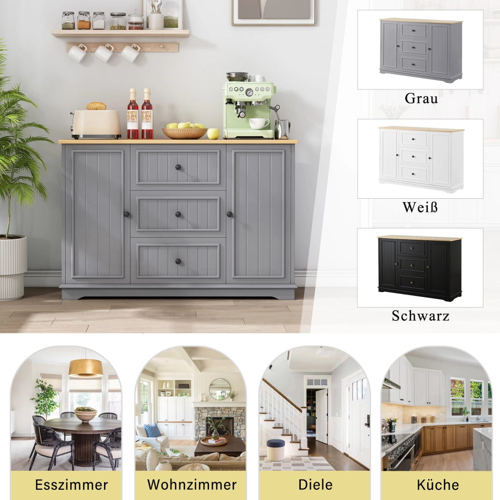 Credenza con 3 cassetti e 2 ante; ripiani regolabili - per cucina - in MDF - grigio