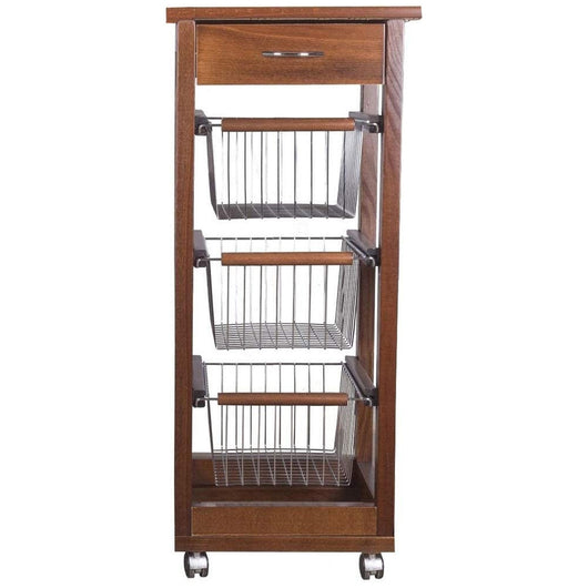 Carrello Cucina SALVASPAZIO in Legno di FAGGIO con CASSETTO E CESTI CONTENITORI 4 Ruote GIREVOLI PORTAPANE PORTAFRU Noce