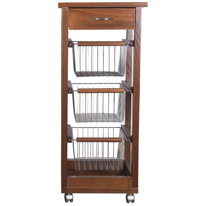 Carrello Cucina SALVASPAZIO in Legno di FAGGIO con CASSETTO E CESTI CONTENITORI 4 Ruote GIREVOLI PORTAPANE PORTAFRU Noce