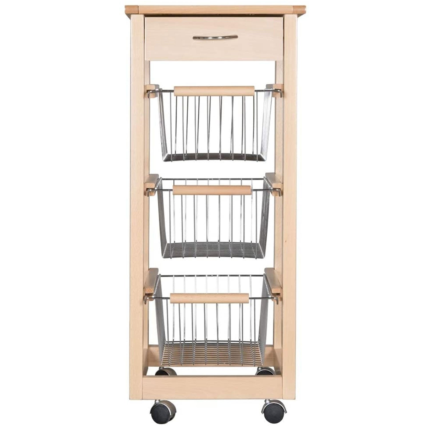 Carrello Cucina SALVASPAZIO in Legno di FAGGIO con CASSETTO E CESTI CONTENITORI 4 Ruote GIREVOLI PORTAPANE PORT Naturale