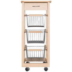Carrello Cucina SALVASPAZIO in Legno di FAGGIO con CASSETTO E CESTI CONTENITORI 4 Ruote GIREVOLI PORTAPANE PORT Naturale
