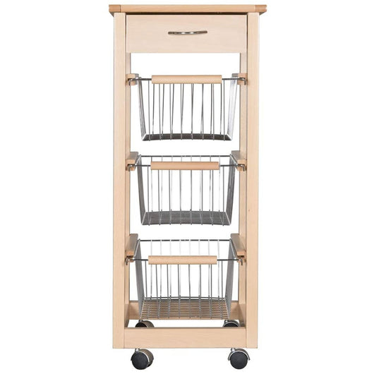 Carrello Cucina SALVASPAZIO in Legno di FAGGIO con CASSETTO E CESTI CONTENITORI 4 Ruote GIREVOLI PORTAPANE PORT Naturale