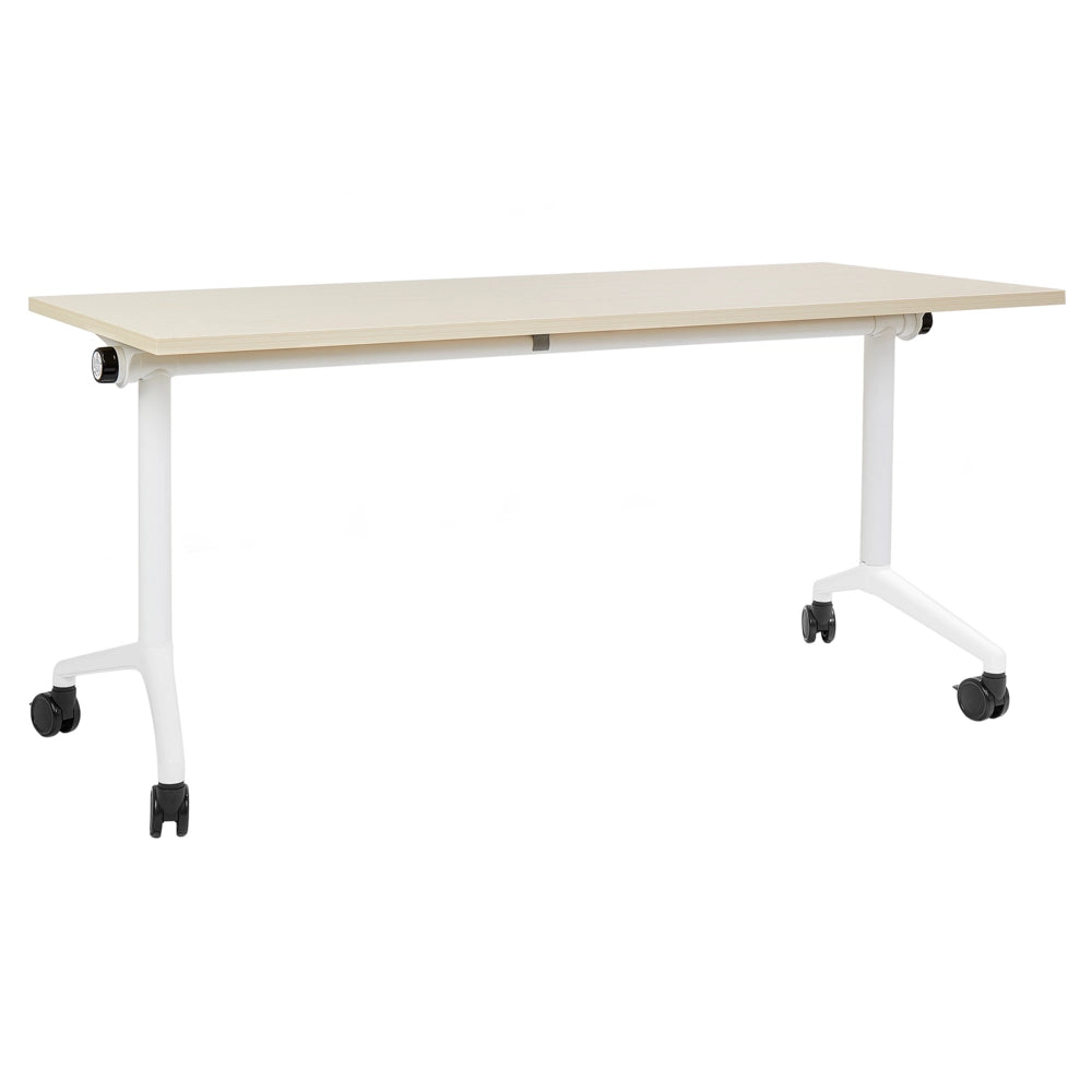 Scrivania rettangolare pieghevole con rotelle portatile con struttura in metallo bianco marrone chiaro 160 x 60 cm stile moderno
