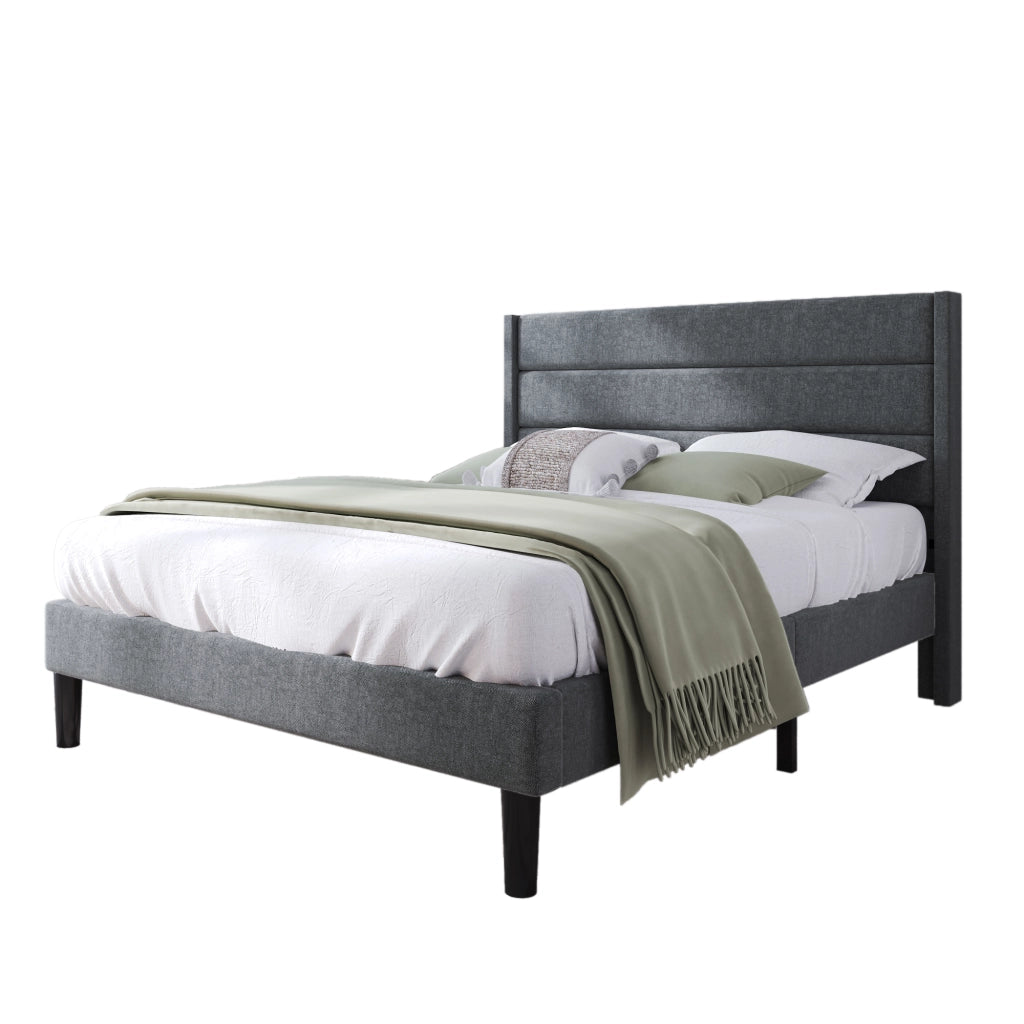 Letto Matrimoniale 140 x 200 cm con Testiera Imbottita; senza Materasso; in Tessuto Lino; Grigio Scuro