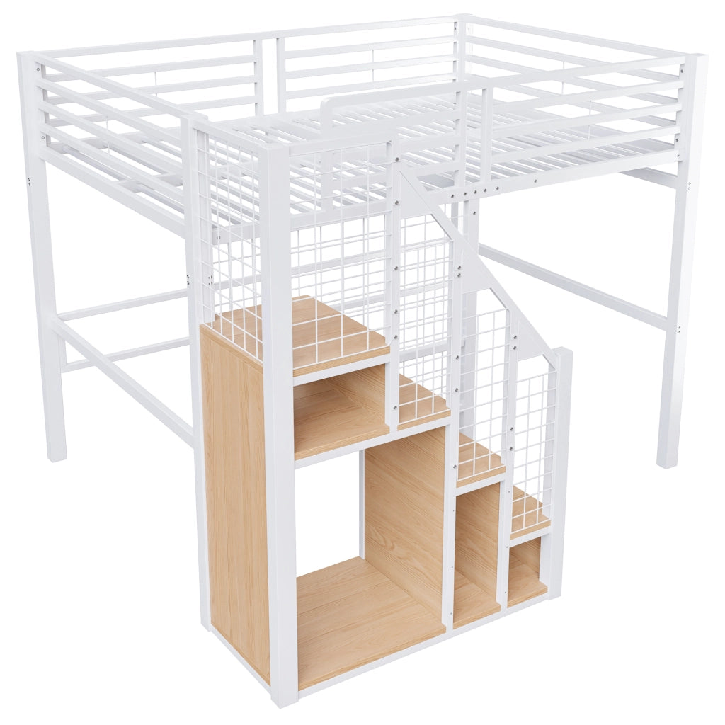 Letto a soppalco 140 × 200 cm con scala, contenitore integrato e barriera alta, senza materasso, in metallo, bianco