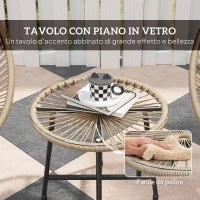 Set da Giardino 3 Pezzi in Rattan PE e Acciaio con 2 Sedie Ovali e Tavolino da Caffè, Nero e color Legno