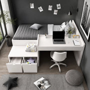DESMIU Letto Combinato 1 Posto con Scrivania, 2 Cassetti e Vani 90 × 200 cm, Senza Materasso, in Legno Massello e MDF Bianco