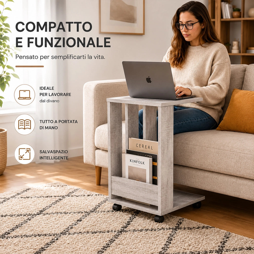 Tavolino Ausiliario con Ruote Design Moderno Mobile Letto Divano Bianco Antico