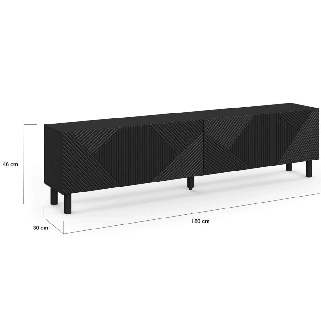 IDMarket - Porta TV HIMARA 180 cm, 2 ante, doghe geometriche in legno nero