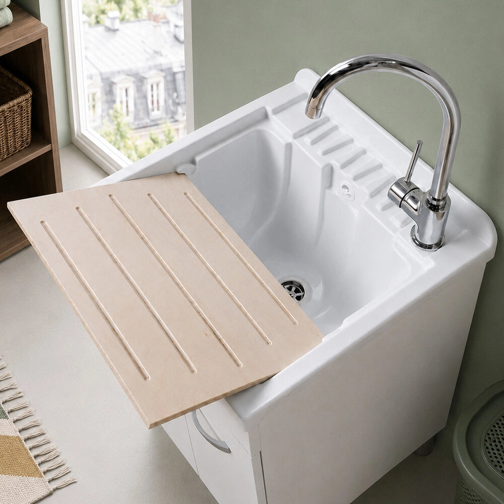 Mobile lavatoio 50x41 cm bianco opaco con due ante e vasca incluso di asse di lavaggio e kit di scarico Medea