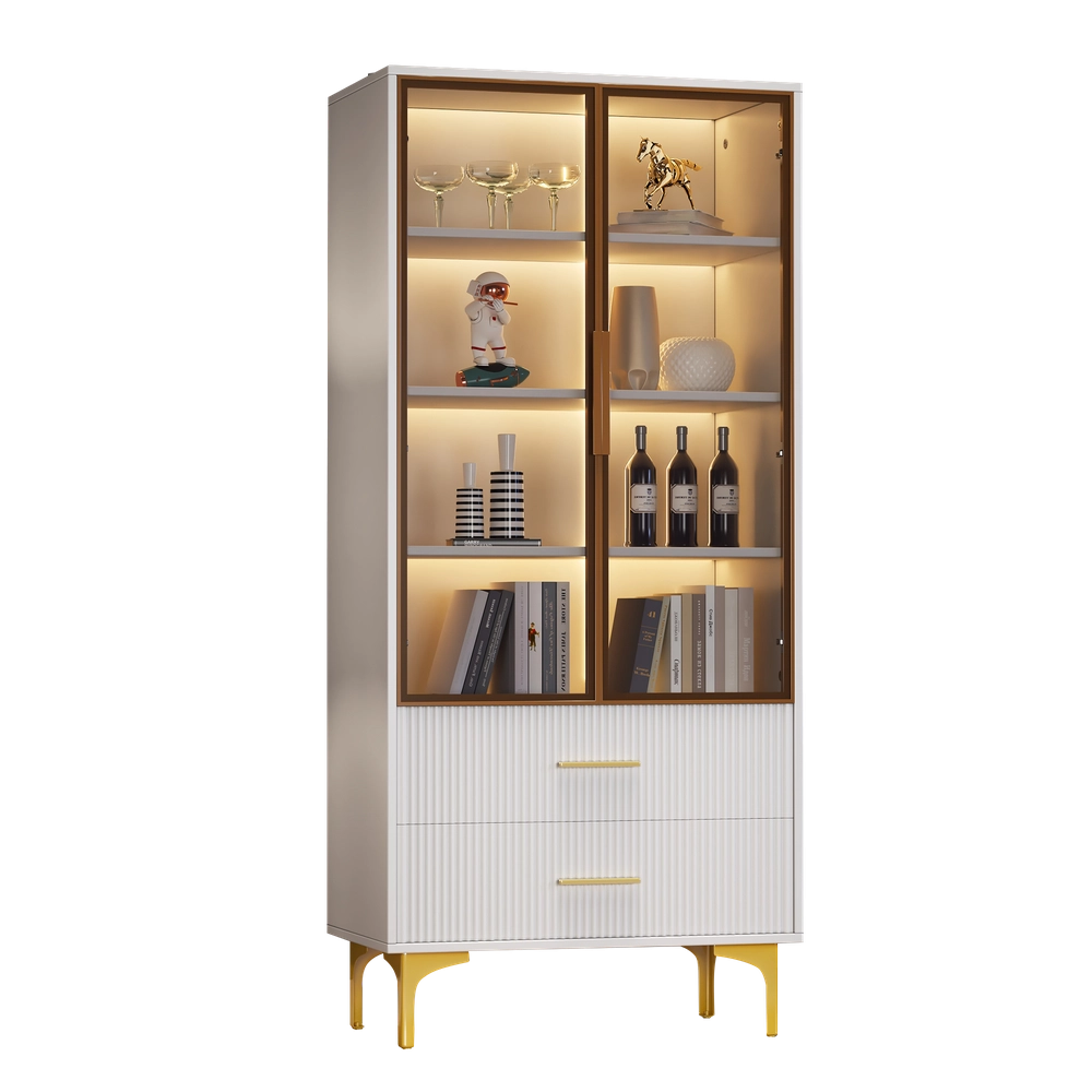 Vetrina in Vetro con 2 Ante e Luce LED ¨C MINIMAL ¨C Bianco/Oro, Ripiani Mobili, 70x35x150