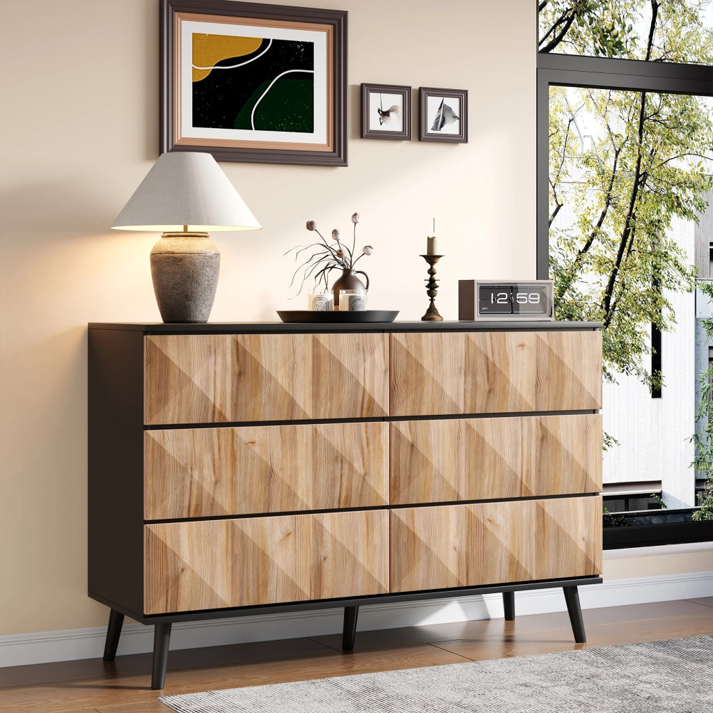 Credenza con 6 Cassetti; Frontali in Rilievo e Maniglie a Scomparsa; Stile Moderno; in MDF; Nero e Naturale; 120??40??85 cm