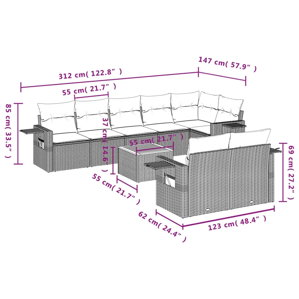 Set Divano da Giardino 9 pz con Cuscini Beige in Polyrattan 3256982