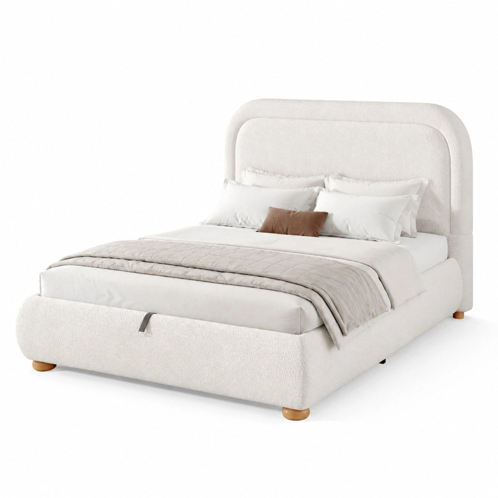 Letto matrimoniale 160x200 cm in bouclé bianco con contenitore idraulico, rete a doghe e struttura robusta