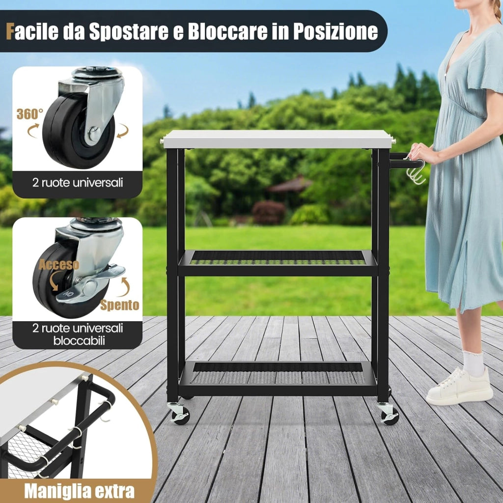 Carrello Grill da Esterno a 2/3 Piani, Supporto per Forno per con Piano e Maniglia in Acciaio Inossidabile, Carrello per Barbecue con Ganci e Ruote, Multiuso(3 Livelli)