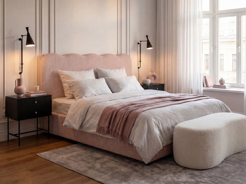 Letto in tessuto rosa pastello 180 x 200 cm contenitore elevabile con testiera e rete a doghe