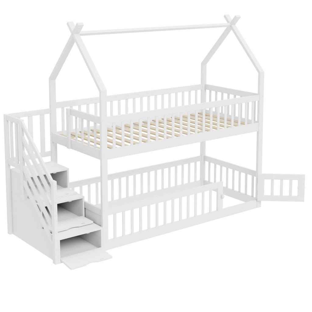 OKWISH Letto a Castello Bambini 90×200 cm, Letto Singolo con Contenitore, Scala e Cassetti e Tetto a Casetta, senza Materasso, Bianco