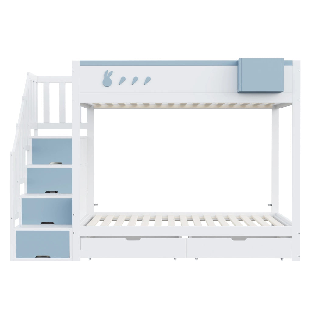 Letto a castello 90x200 cm con cassetti e ripiano rimovibile in pino, compensato e MDF bianco e blu
