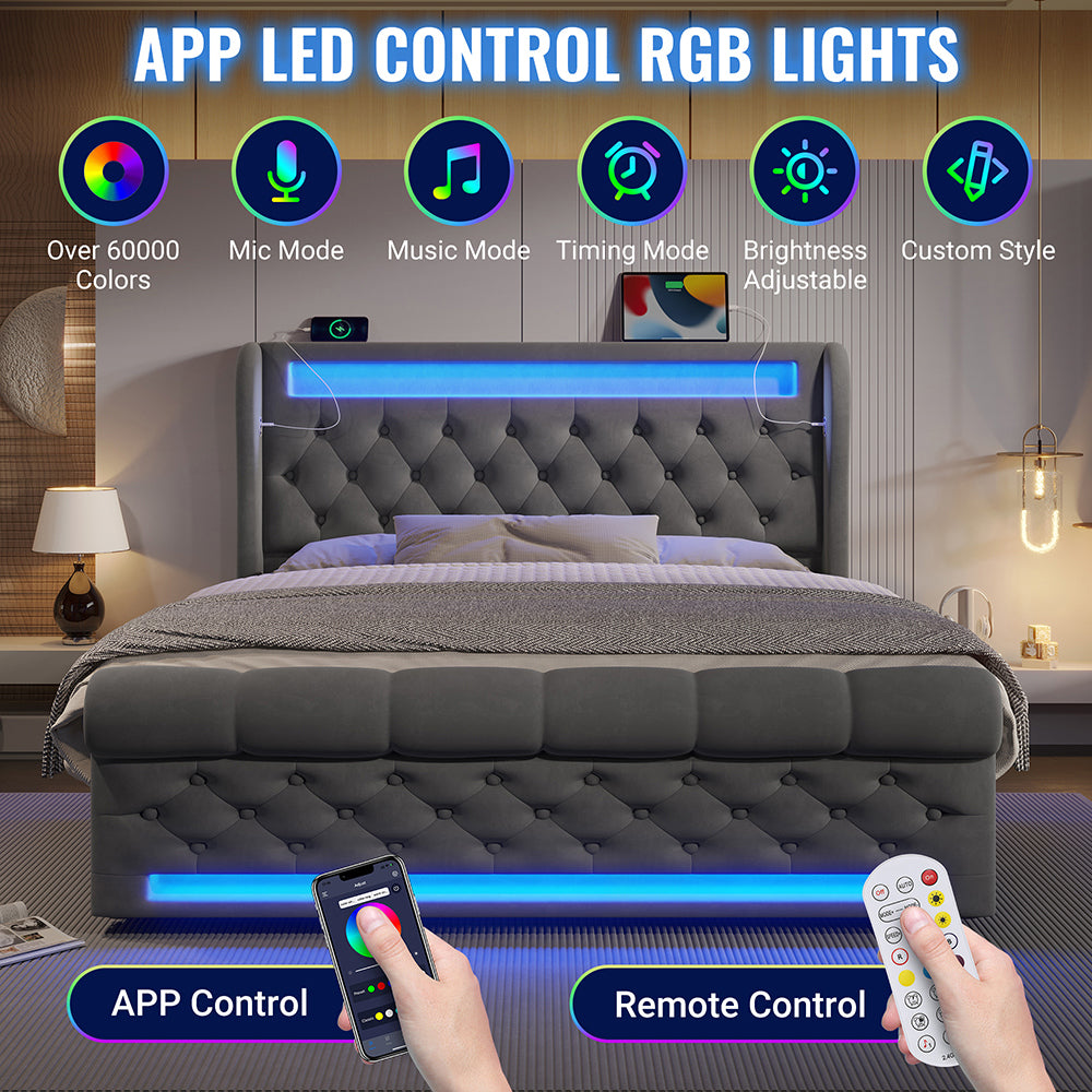 Letto matrimoniale-Xylo-160x200 cm-LED, USB-C, idraulico, con materasso, velluto grigio