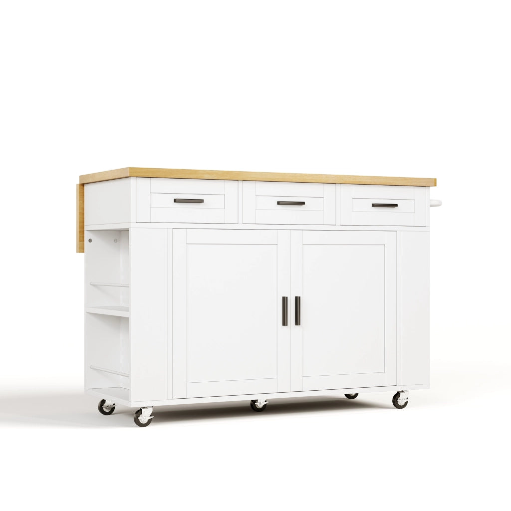 Carrello da cucina con 3 cassetti e 2 vani estraibili; piano ribaltabile e prese integrate; in MDF; 120×70×84 cm