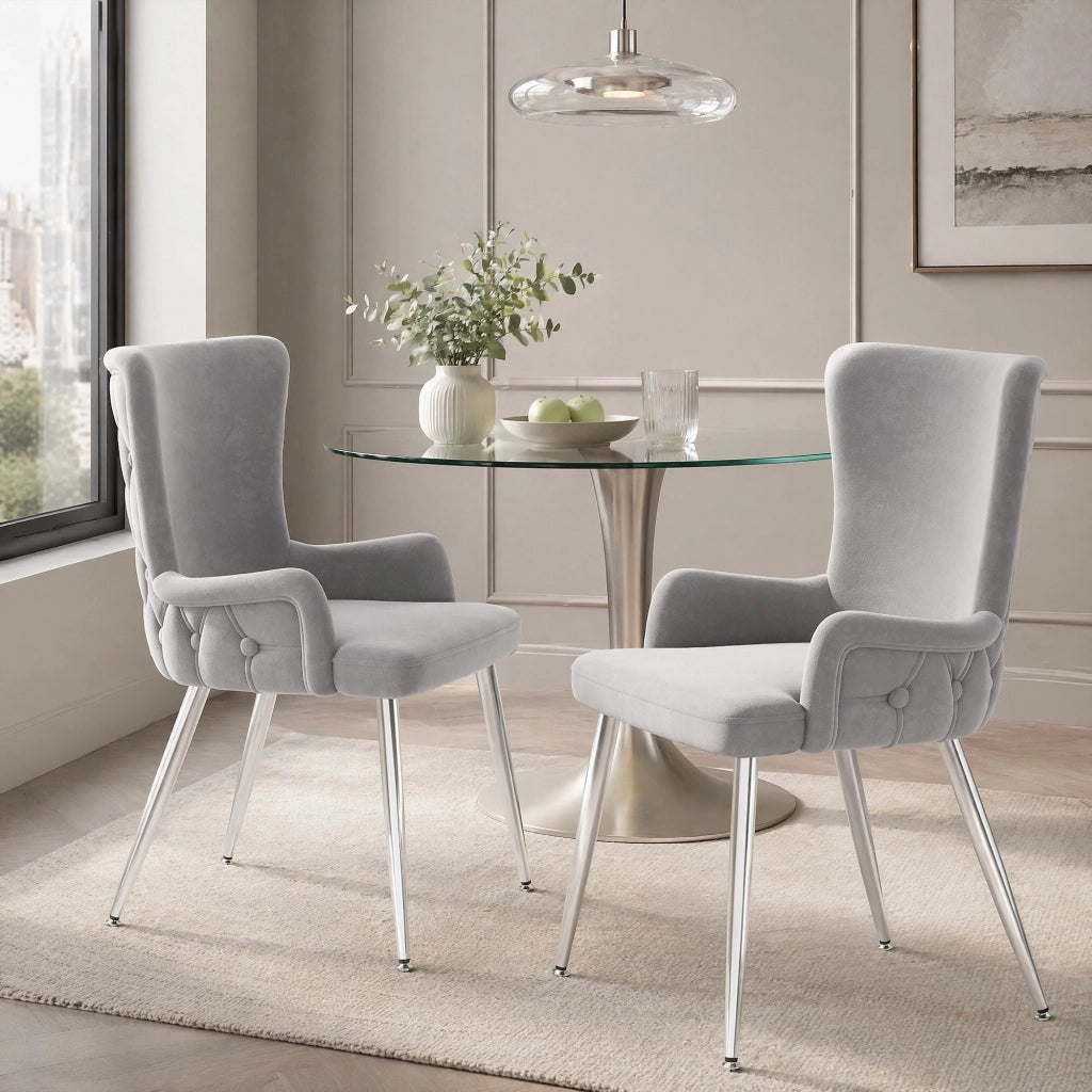 Sedia da pranzo in velluto grigio e argento, set da 2, con gambe in metallo