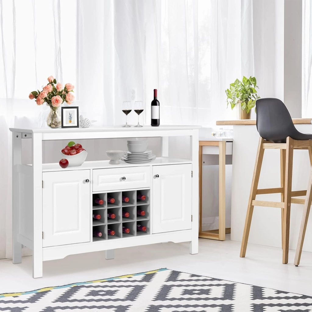 Mobiletto Multioso a Buffet, Credenza Cucina con 2 Ante, 1 Cassetto, 12 Cubetti di Vino, 2 Ripiani, Armadietto da Soggiorno, Credenza Cucina Salvaspazio in Legno, 116 × 40 × 82 cm