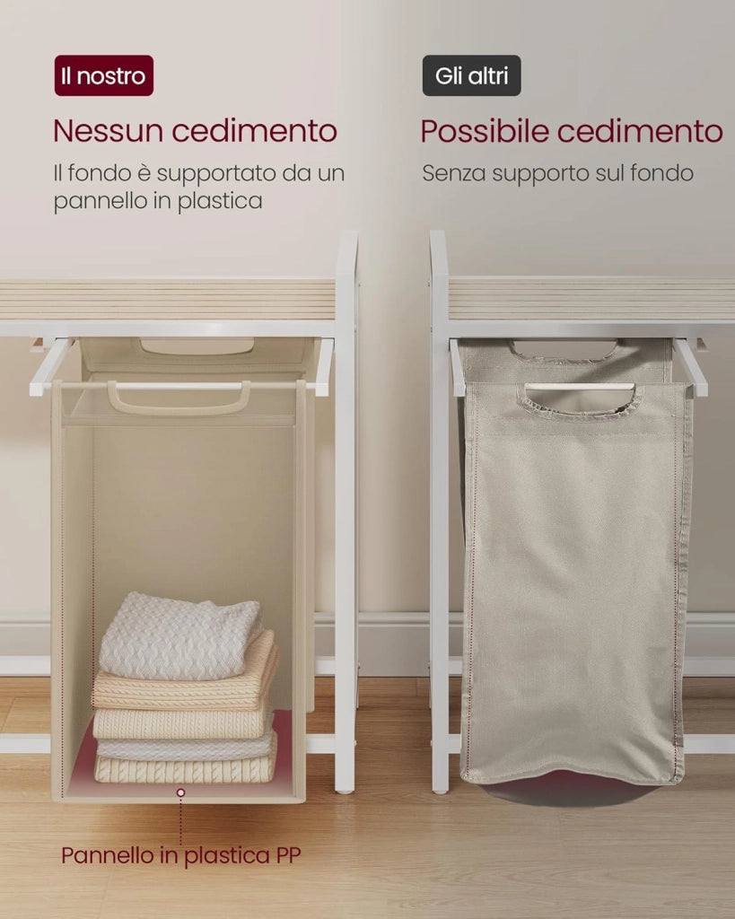 VASAGLE Cesto Portabiancheria, Porta Biancheria, 3 Sacchi in Tessuto Rimovibili, Piano d’Appoggio, Metallo, 3 x 40 L, 92,5 x 33 x 72 cm, Beige Cappuccino e Beige Naturale BLH301LH01
