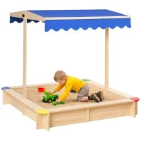 Sabbiera per Bambini in Legno con Panca e Tettuccio Parasole Regolabile, 120x120x120cm, Colore Legno e Blu