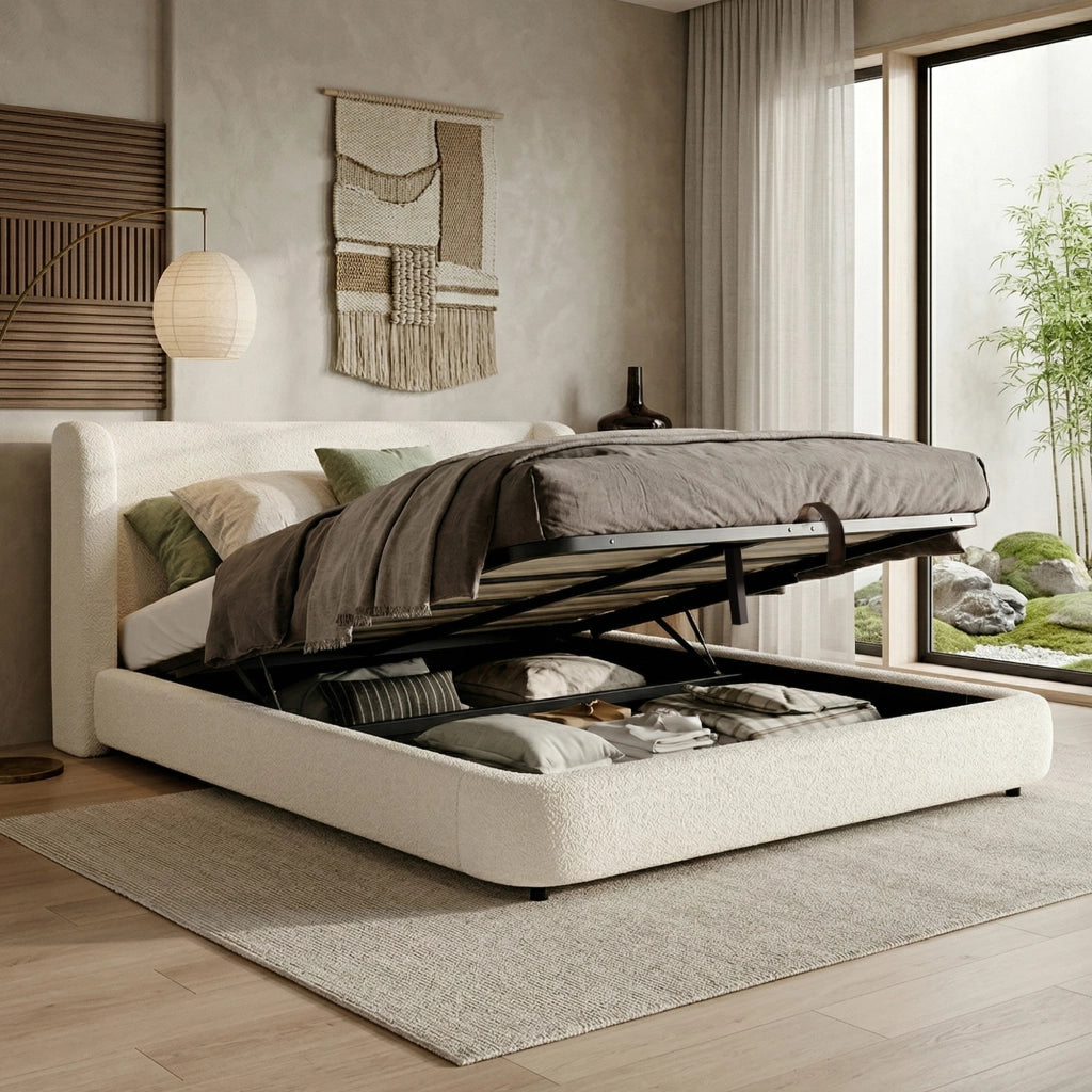 Letto matrimoniale imbottito con rete a doghe, contenitore idraulico e testiera in bouclé beige 180 x 200