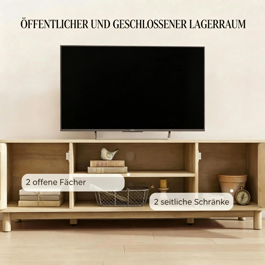 Mobile TV in rattan con vani aperti e armadi laterali; per soggiorno; 135 × 39 × 45 cm; rovere