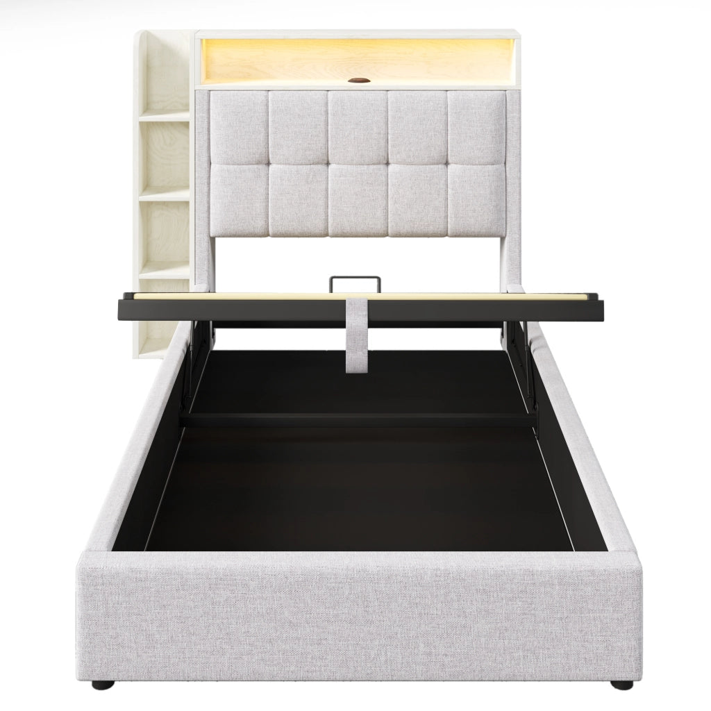Letto imbottito singolo 90x200 cm con contenitore idraulico; LED; USB Type-C; lino beige e MDF