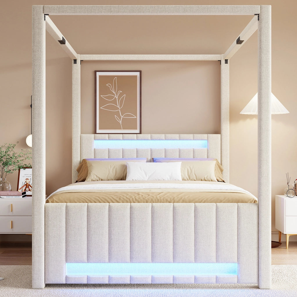 Letto a baldacchino 140x200 con estraibile, LED e cassetti