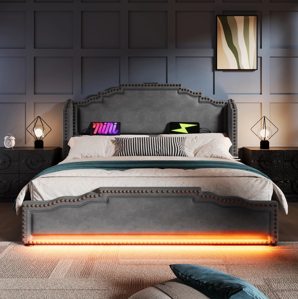 Letto matrimoniale ULEVR 180x200 cm con 4 cassetti, LED, USB e Type-C, velluto grigio