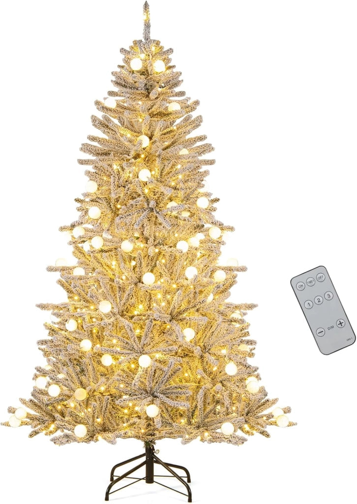 Albero di Natale Innevato 180/210cm, Albero di Natale Artificiale Pre-illuminato con 250/350 Luci LED Bianche Calde, 51/65 Sfere Luminose 637/1273 Rami, Telecomando e Timer (180 cm)