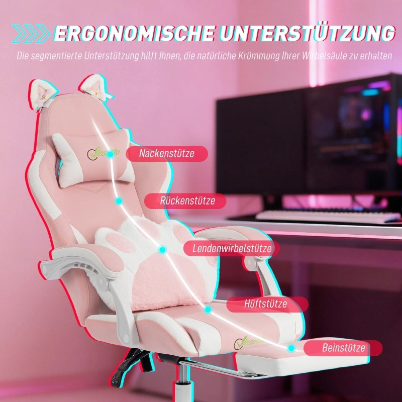 Sedia da gaming con poggiapiedi, schienale reclinabile e cuscino lombare in similpelle rosa 79.0 × 57.0 × 29.0 cm