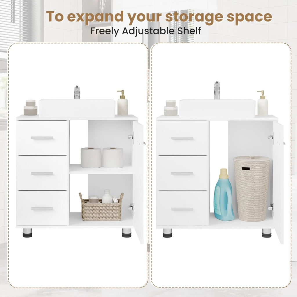 Mobile da Bagno Sottolavello, Mobile con 3 Cassetti e 2 Livelli, per Lavabo da Bagno Bianco, Legno Ingegnerizzato, con Ritaglio Per Sifone D17,5xL10 cm