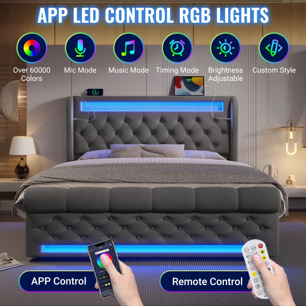 OKWISH Letto Contenitore 160×200 cm, Letto Matrimoniale con LED Regolabile, USB, Tipo C e Testiera Contenitore, con Materasso, in Velluto, Grigio