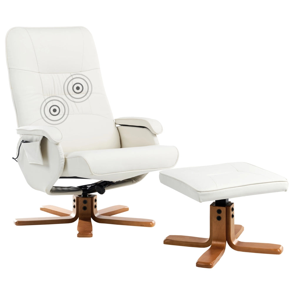 Poltrona reclinabile bianco sporco con poggiapiedi Struttura in legno imbottita in ecopelle Girevole regolabile Riscaldamento Funzione massaggio Design retrò