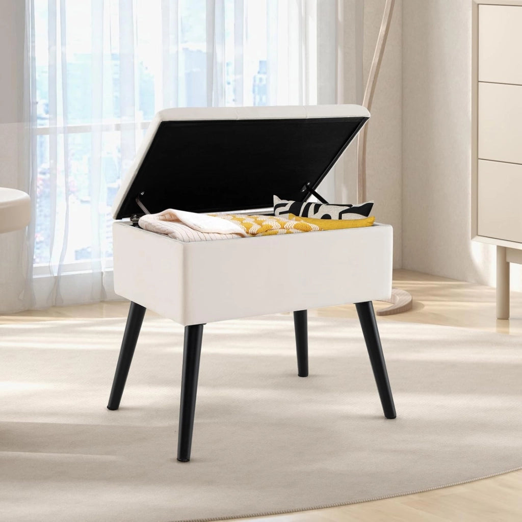Sgabello in Velluto con Contenitore, Poggiapiedi per Soggiorno con Gambe in Legno Massello, Coperchio Ribaltabile, Sgabello per Cambiare Scarpe all’Ingresso (Beige)