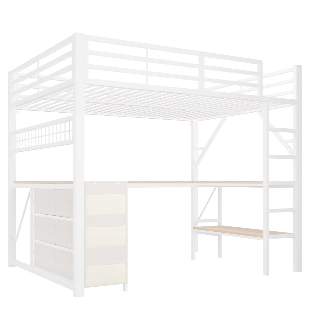 Letto a soppalco 140x200 con scrivania; LED e cassetti; bianco in metallo