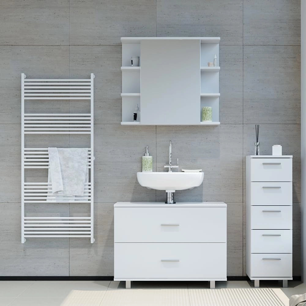 Set mobili bagno Ilias, Bianco, 80 cm, composto da mobile sottolavabo, specchiera e mobile medio