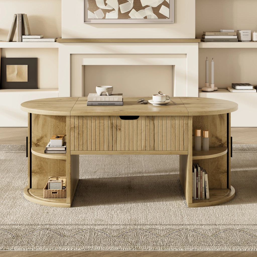 Tavolino da caffè alzabile con 2 ante scorrevoli e ripiani aperti; per soggiorno; in MDF; 100 × 50 × 40.5 cm; rovere