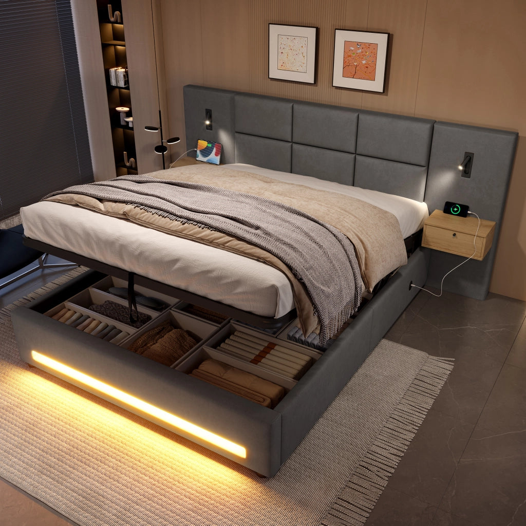 LETTO imbottito 160x200 cm in velluto grigio scuro con contenitore e USB-C