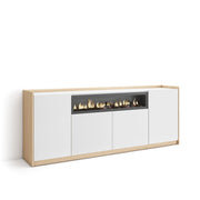 Credenza, Mobile, Cucina, 207x80x37 cm, 4 Porte, Camino elettrico, Bianco e Rovere soft