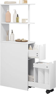 Mobile da Bagno Stretto, Mobiletto da Bagno Salvaspazio con 2 Cassetti, 2 Ripiani, Mobiletto Bianco per Cucina, Soggiorno, in Legno, 19x45x113 cm