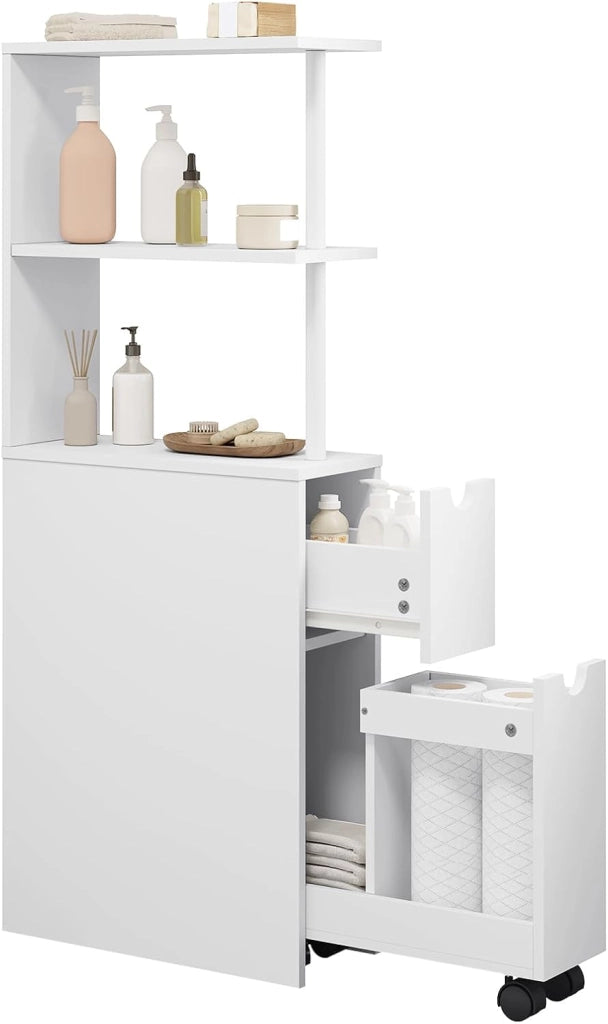Mobile da Bagno Stretto, Mobiletto da Bagno Salvaspazio con 2 Cassetti, 2 Ripiani, Mobiletto Bianco per Cucina, Soggiorno, in Legno, 19x45x113 cm